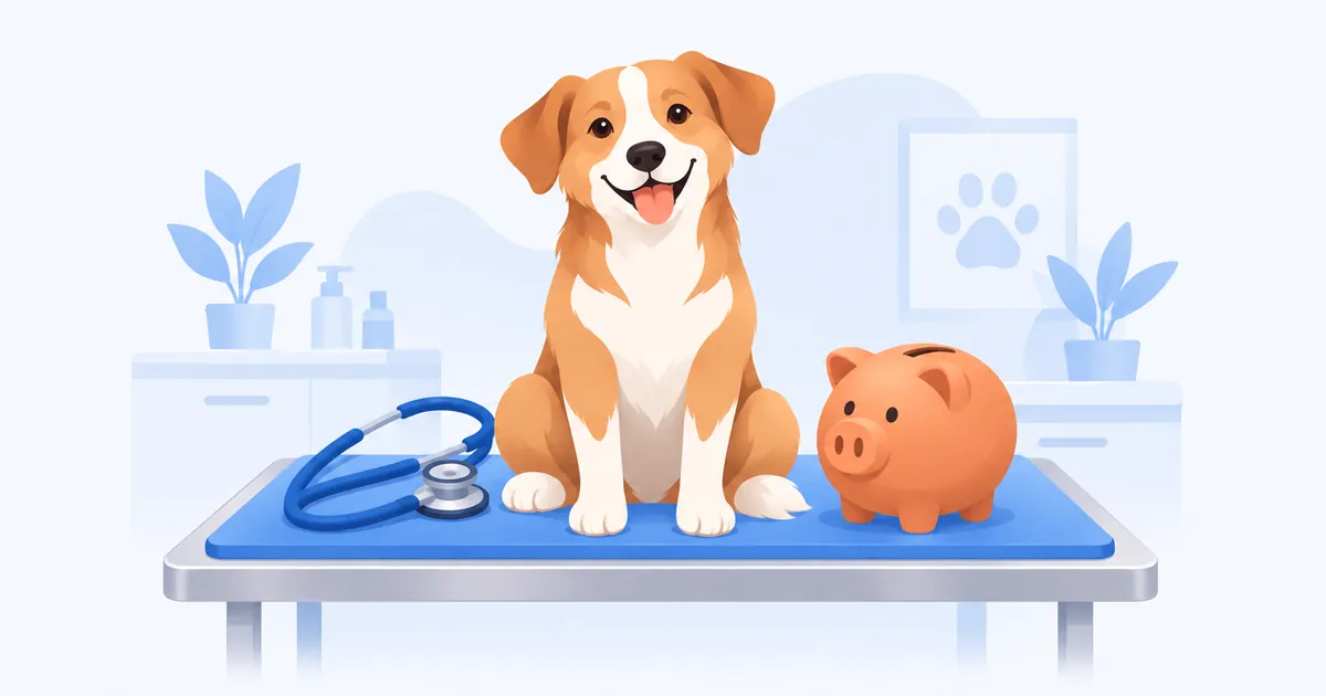 Perro sentado en una consulta veterinaria con un estetoscopio azul y una hucha naranja al lado, símbolo del coste