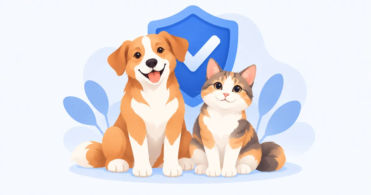 Perro y gato sentados junto a un escudo con un check, símbolo del cumplimiento de las obligaciones de la ley