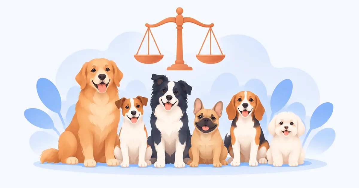 Siete perros de razas distintas en fila junto a una balanza, símbolo de comparar seguros