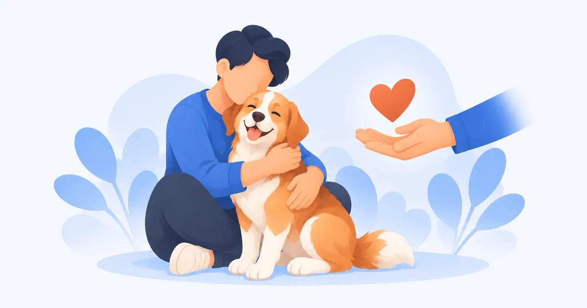 Persona abrazando a su perro con una mano tendida ofreciéndole ayuda, símbolo de apoyo cuando faltan recursos