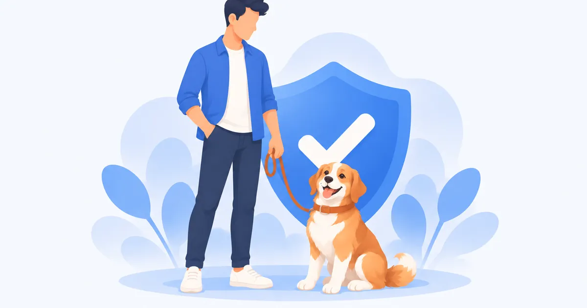 Dueño con correa junto a su perro tranquilo y un escudo azul con un check, símbolo de la responsabilidad del dueño