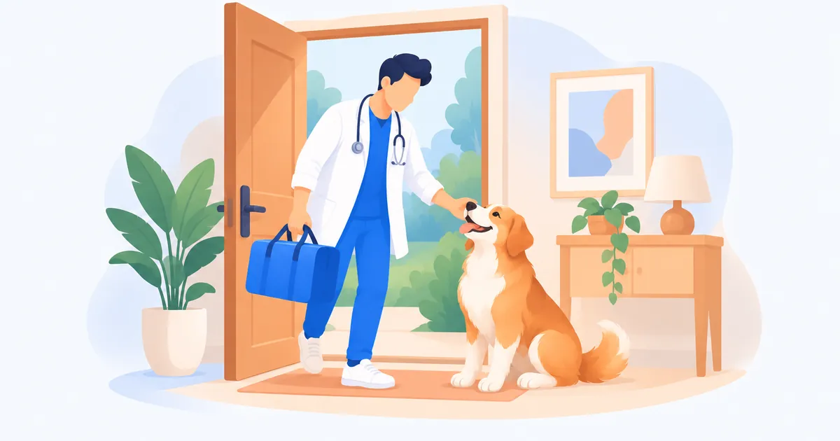 Veterinario con maletín azul entrando en una casa donde un perro lo espera tranquilo en la puerta